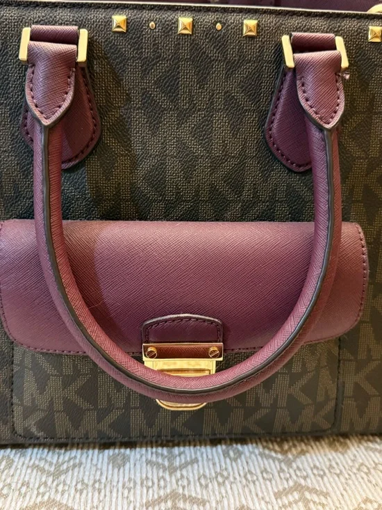 Rare Michael Kors Plum and Brown Signature Top-Handle Satchel with Gold Hardware - Picture 1 of 4
